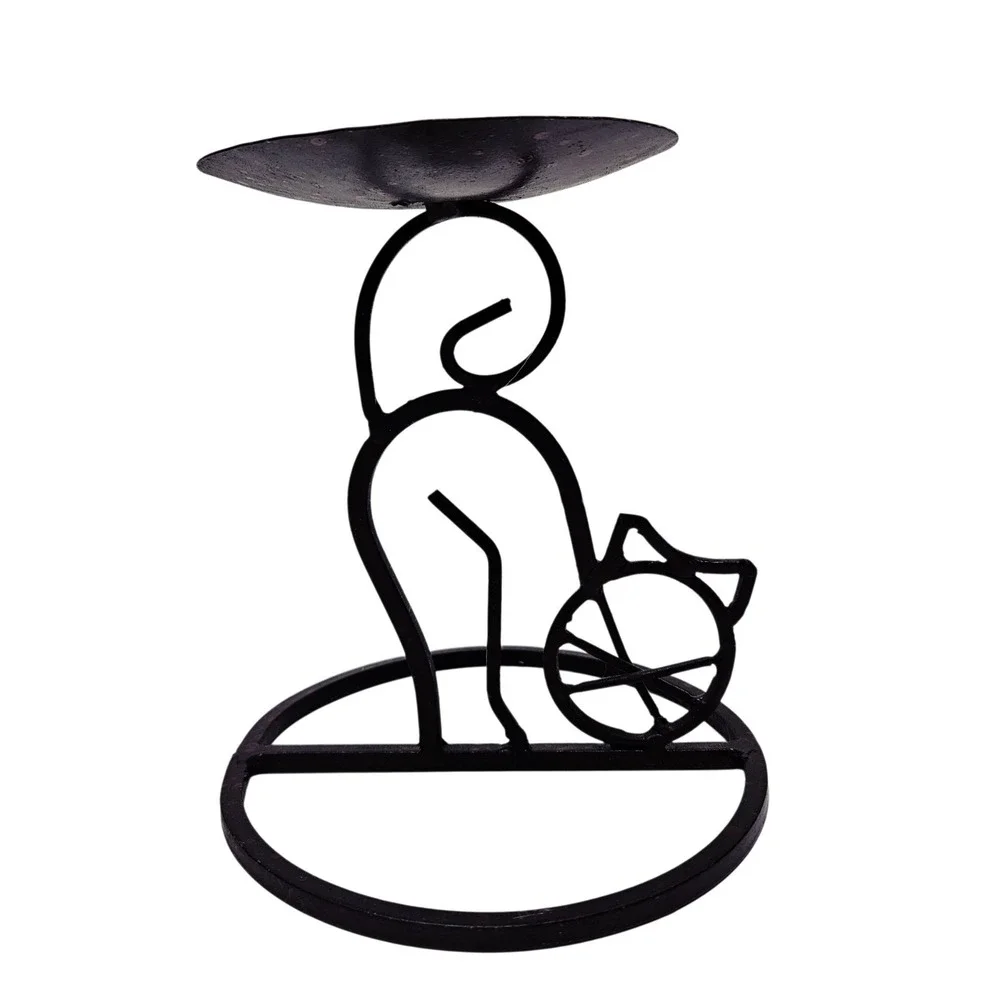Dayton Hudson Black Wrought Iron Rustic Cat Pillar Candle Holder Minimalist MCM
